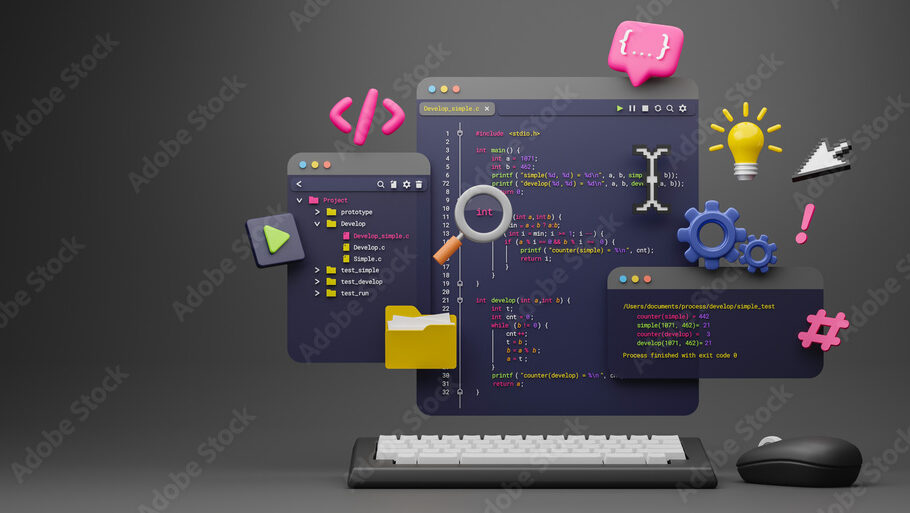 Programmer developer typing script source languages coding symbols  icon development project data programming software engineering IT technologies computer. 3d rendering.