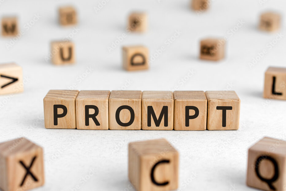 Prompt - words from wooden blocks with letters, immediate prompt concept, white background