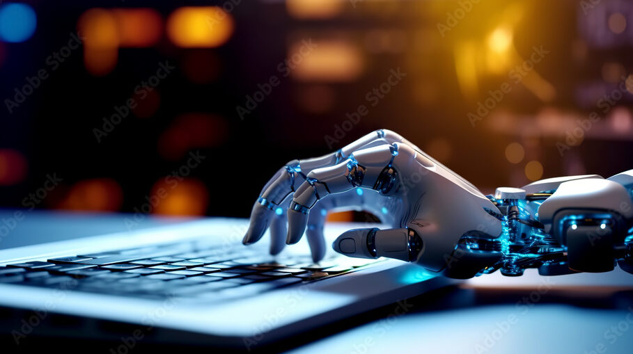 Robot hand typing on the computer. The concept of artificial intelligence replacing a human in dealing with another human. Ai generative