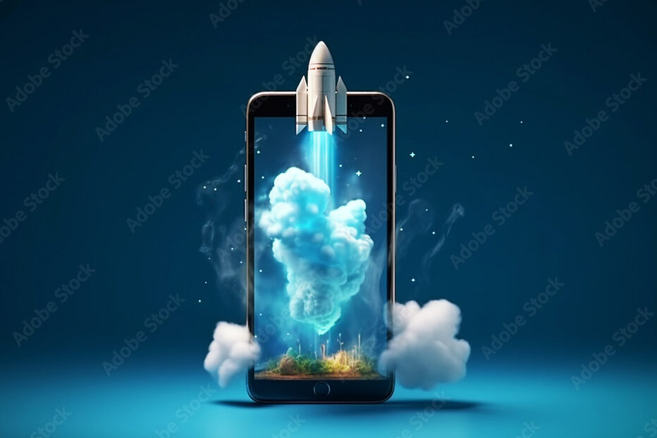 Rocket takes off with clouds from a smartphone on a blue background, a creative idea. Faster mobile device. Strap growth. Online business development, concept