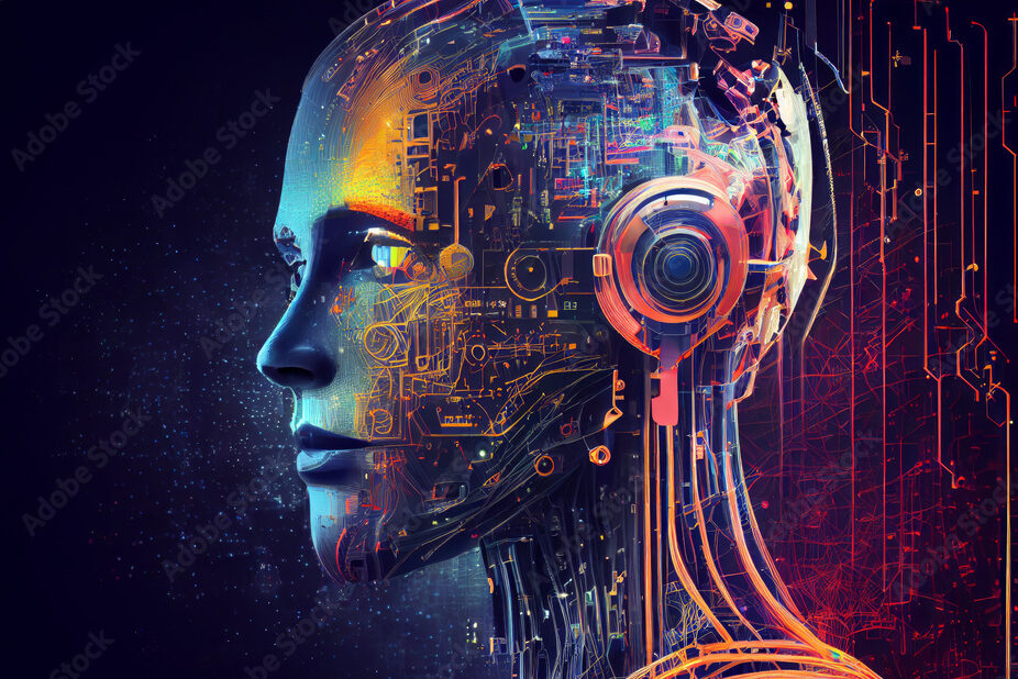 Side view of a humanoid head with blue and yellow eyes and vibrant neon neural network, representing futuristic technology and artificial intelligence. Generative AI