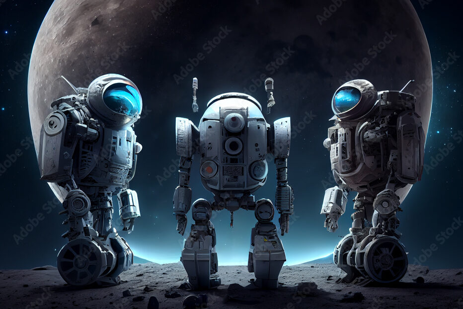 three robots in space galaxy standing on planet with moon view. futuristic robots illustration