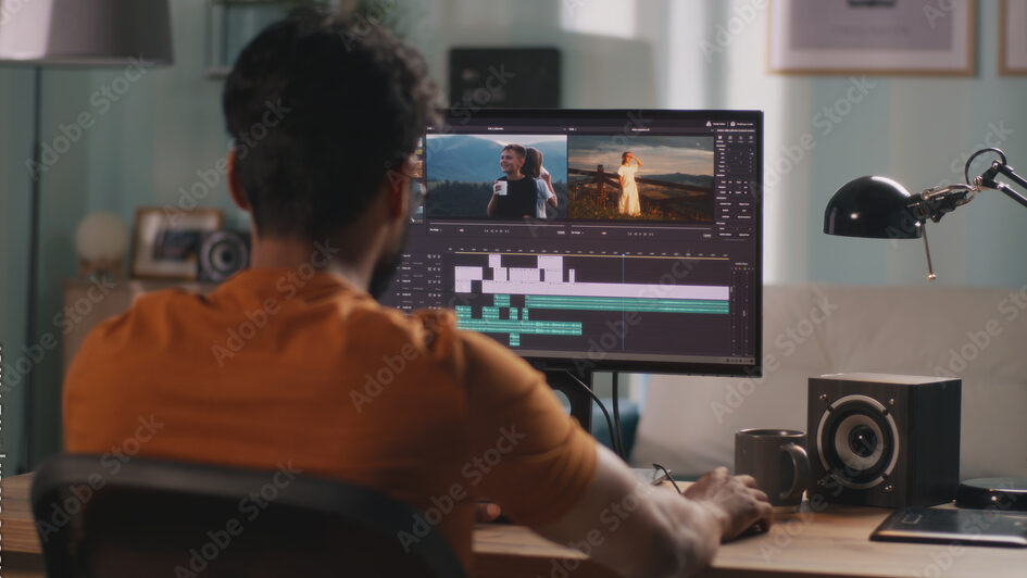 Unrecognizable man in orange t shirt using computer to edit video while sitting at table and working at home