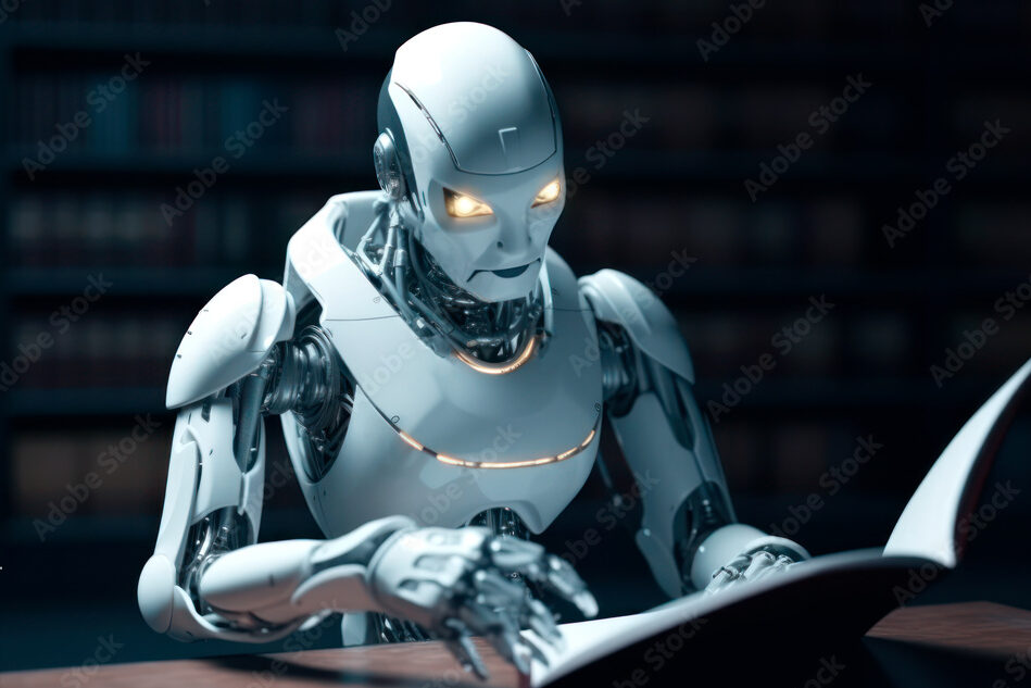 White cyborg robot is reading and learning from a book. Concept of artificial intelligence and deep learning technology, chat bot, AI language, AGI.