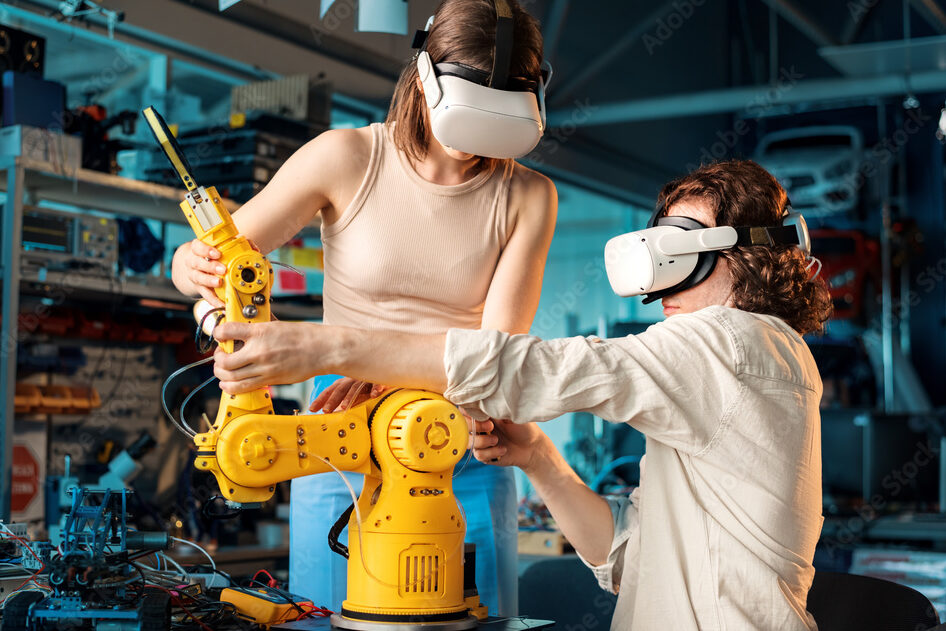 Young man and woman in VR glasses doing experiments in robotics in a laboratory