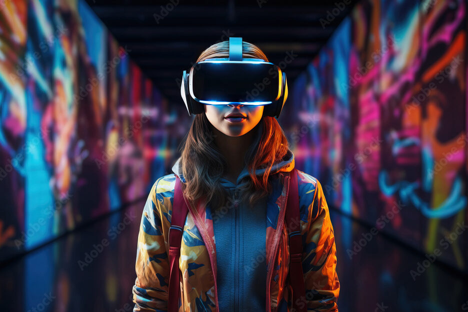 Young woman wearing VR augmented reality goggles in futuristic corridor of virtual art gallery exhibition. NFT and metaverse concept